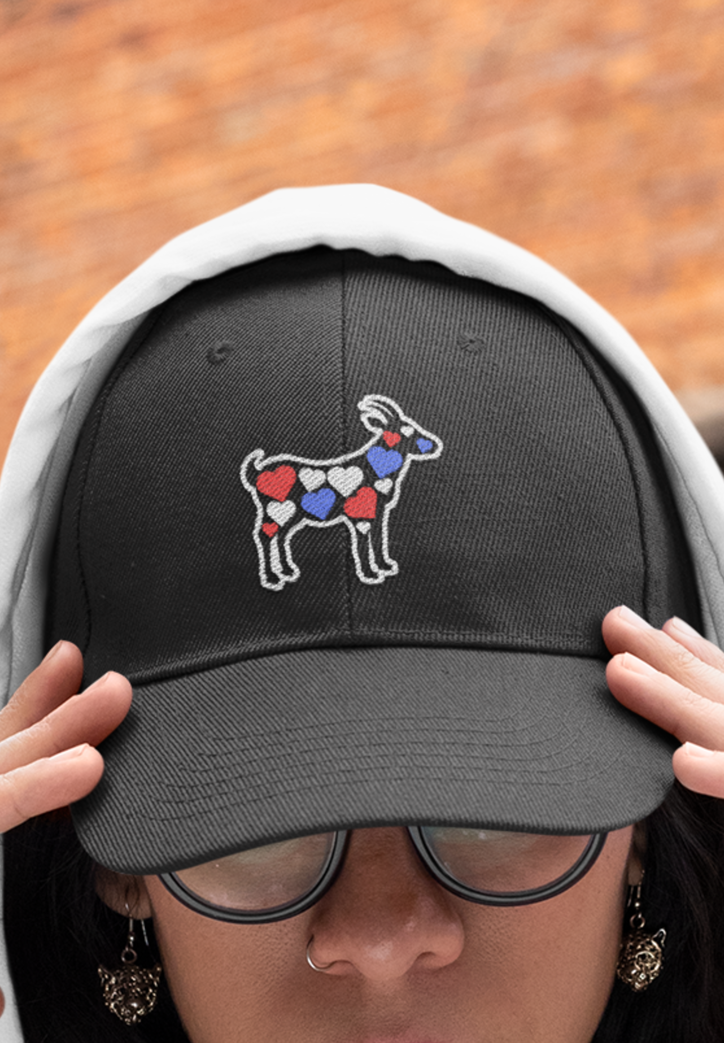 Women's goat hat with hearts, red white and blue cute goat embroidered sewn baseball cap, gift present clothing clothes for owner lover