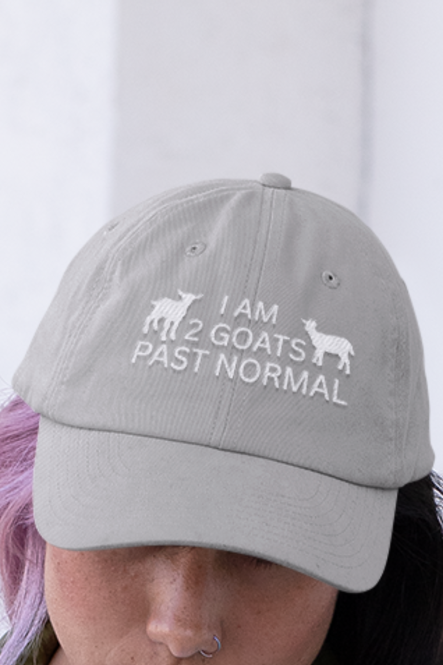 Women's Goat Hat, I Am 2 Goats Past Normal, cute goat embroidered sewn baseball cap, gift present clothing clothes for goat owner lover