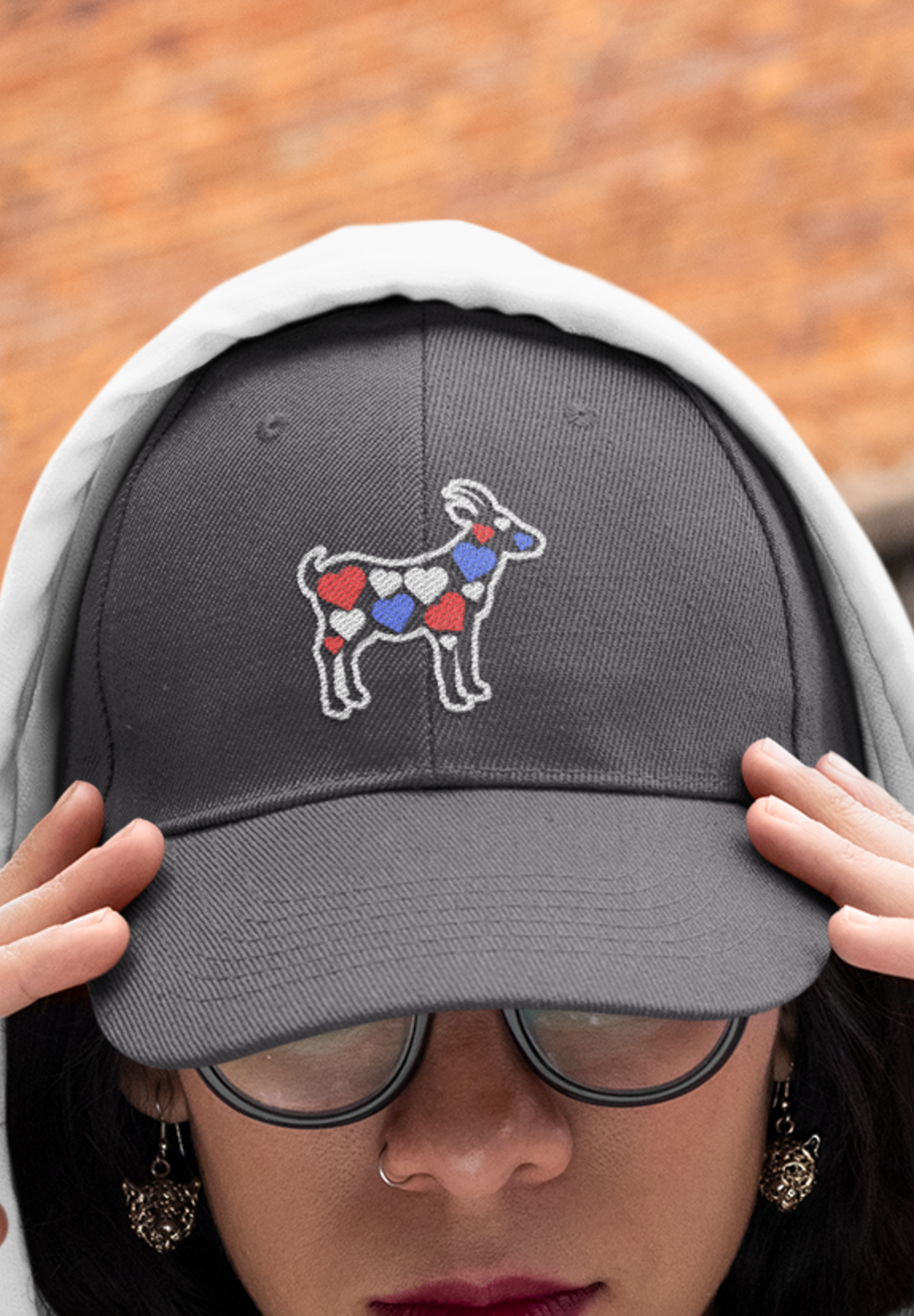 Women's goat hat with hearts, red white and blue cute goat embroidered sewn baseball cap, gift present clothing clothes for owner lover