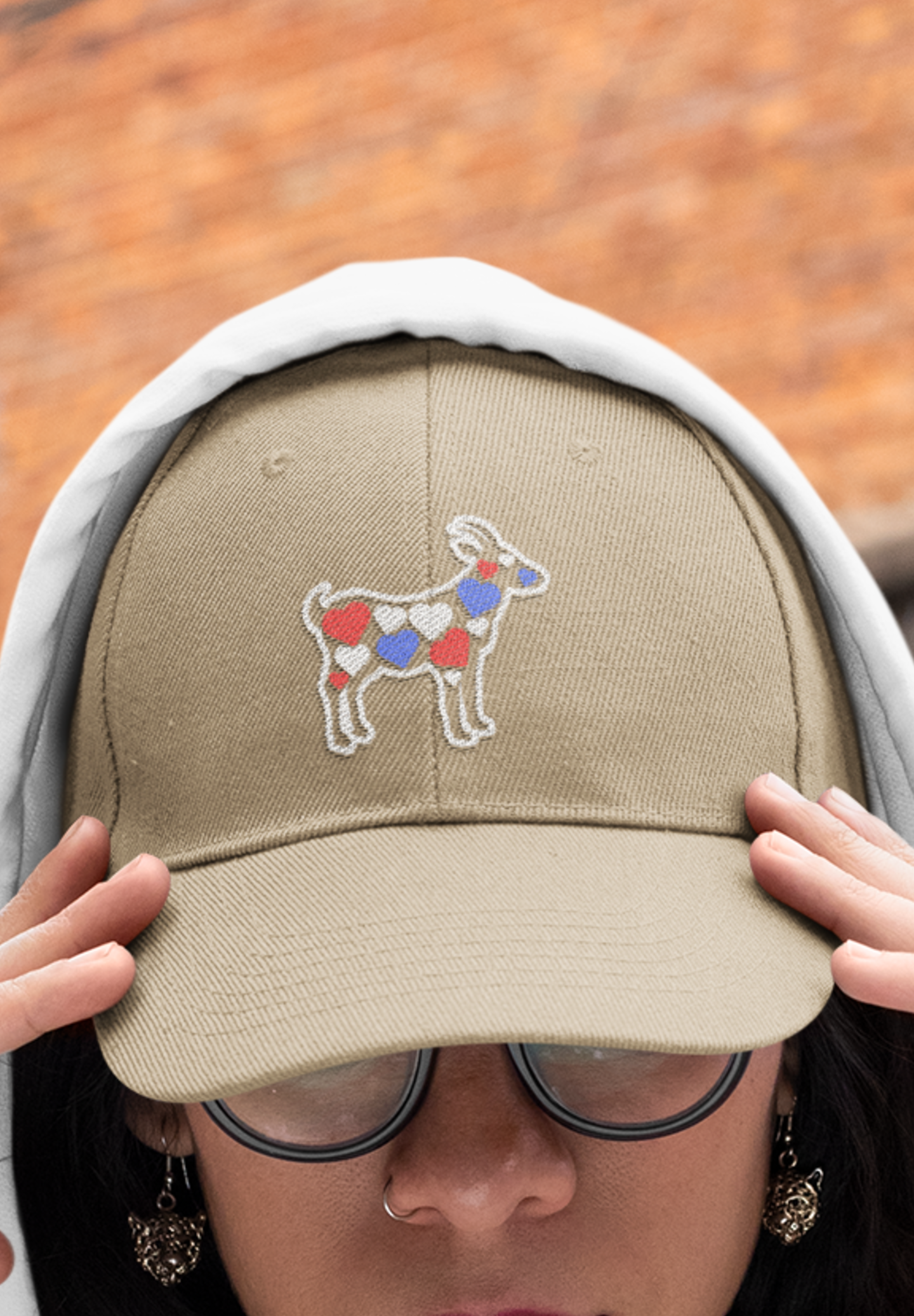 Women's goat hat with hearts, red white and blue cute goat embroidered sewn baseball cap, gift present clothing clothes for owner lover