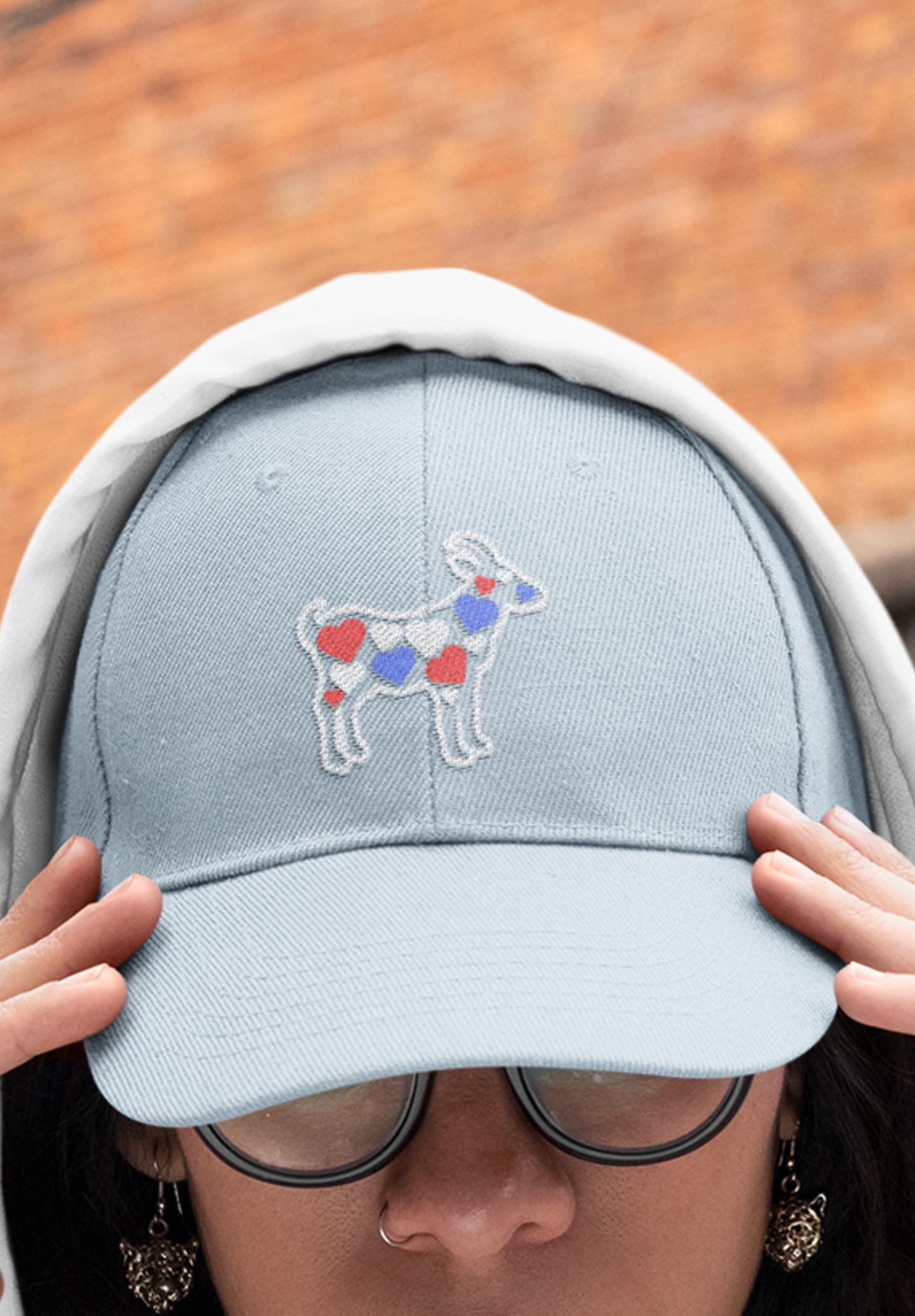 Women's goat hat with hearts, red white and blue cute goat embroidered sewn baseball cap, gift present clothing clothes for owner lover
