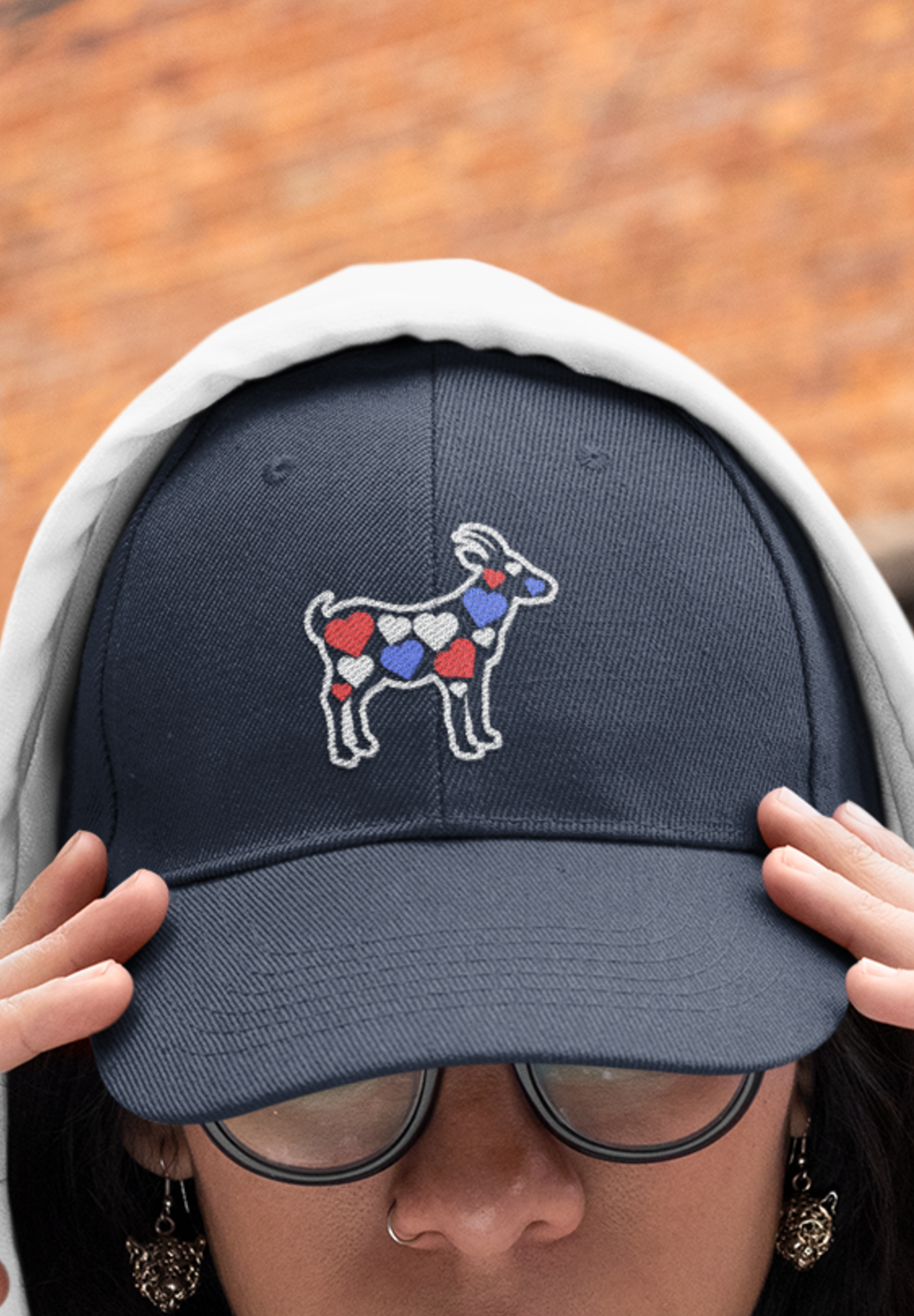 Women's goat hat with hearts, red white and blue cute goat embroidered sewn baseball cap, gift present clothing clothes for owner lover