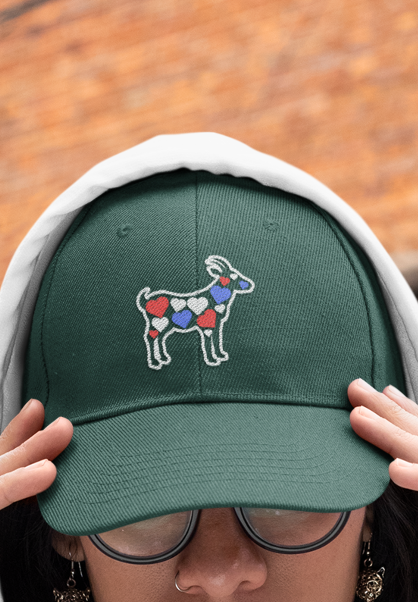 Women's goat hat with hearts, red white and blue cute goat embroidered sewn baseball cap, gift present clothing clothes for owner lover