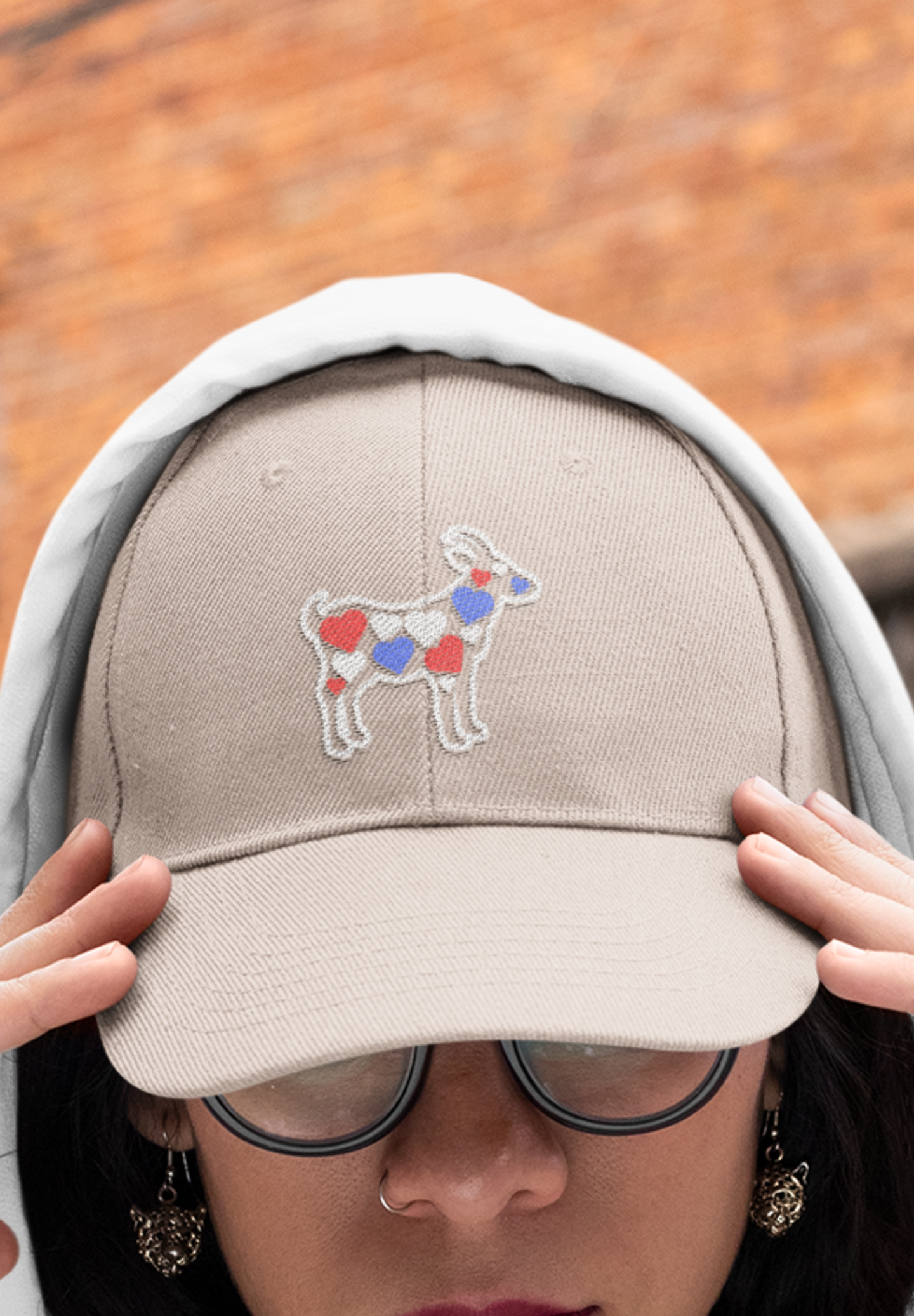Women's goat hat with hearts, red white and blue cute goat embroidered sewn baseball cap, gift present clothing clothes for owner lover