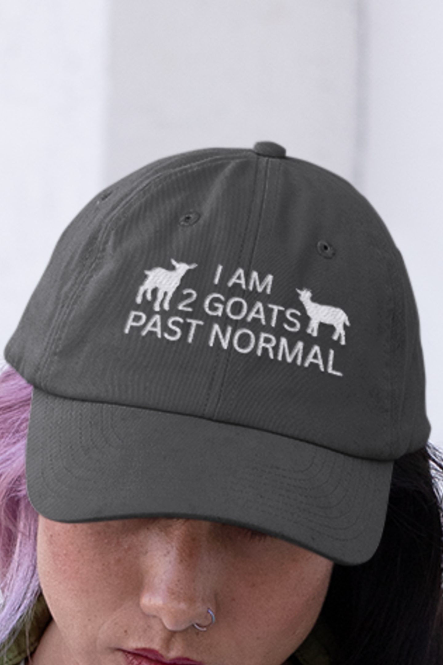Women's Goat Hat, I Am 2 Goats Past Normal, cute goat embroidered sewn baseball cap, gift present clothing clothes for goat owner lover