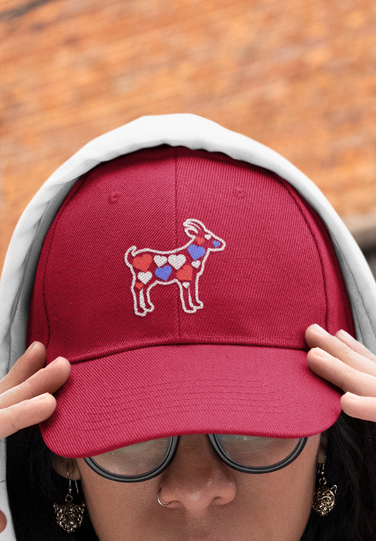 Women's goat hat with hearts, red white and blue cute goat embroidered sewn baseball cap, gift present clothing clothes for owner lover