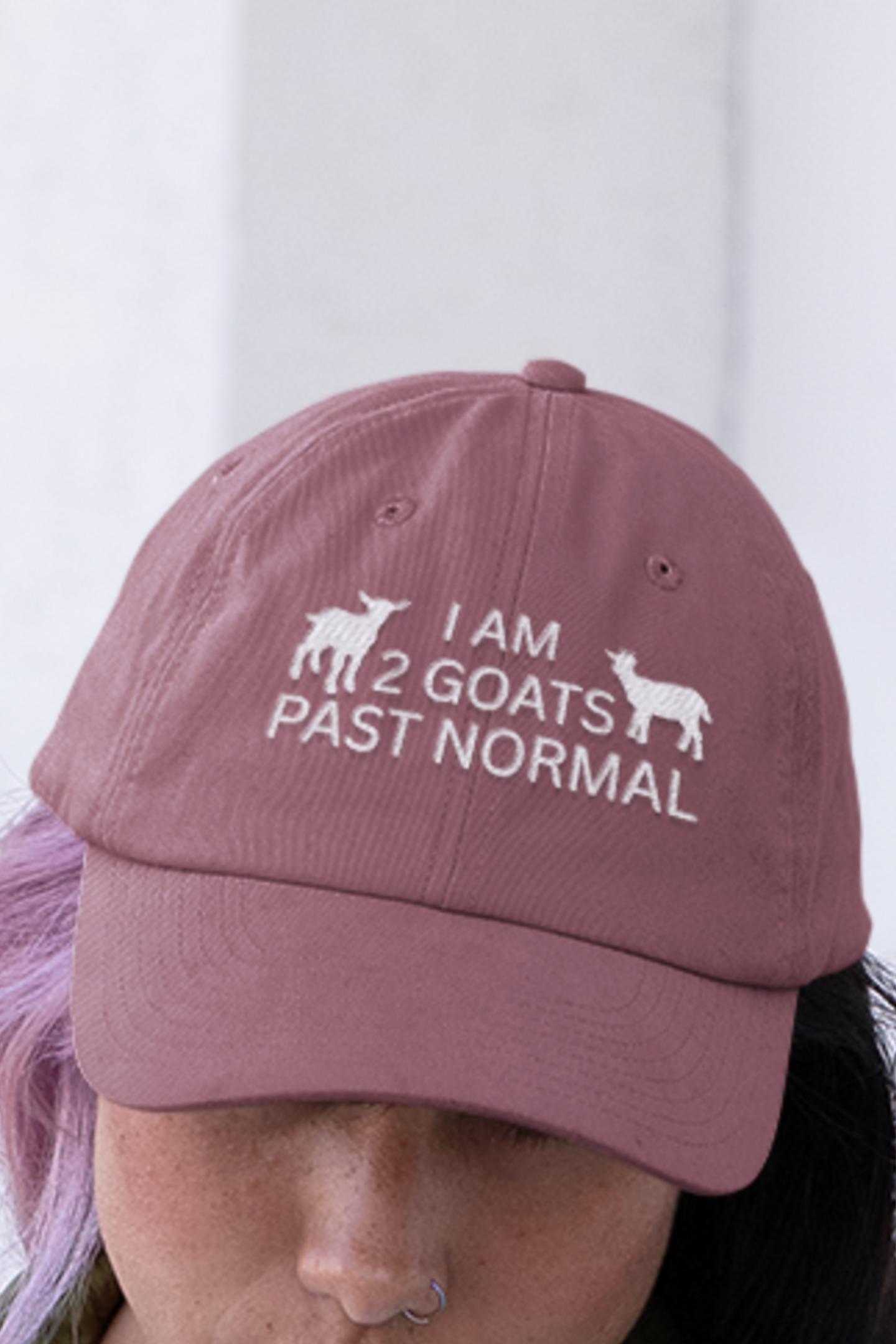 Women's Goat Hat, I Am 2 Goats Past Normal, cute goat embroidered sewn baseball cap, gift present clothing clothes for goat owner lover