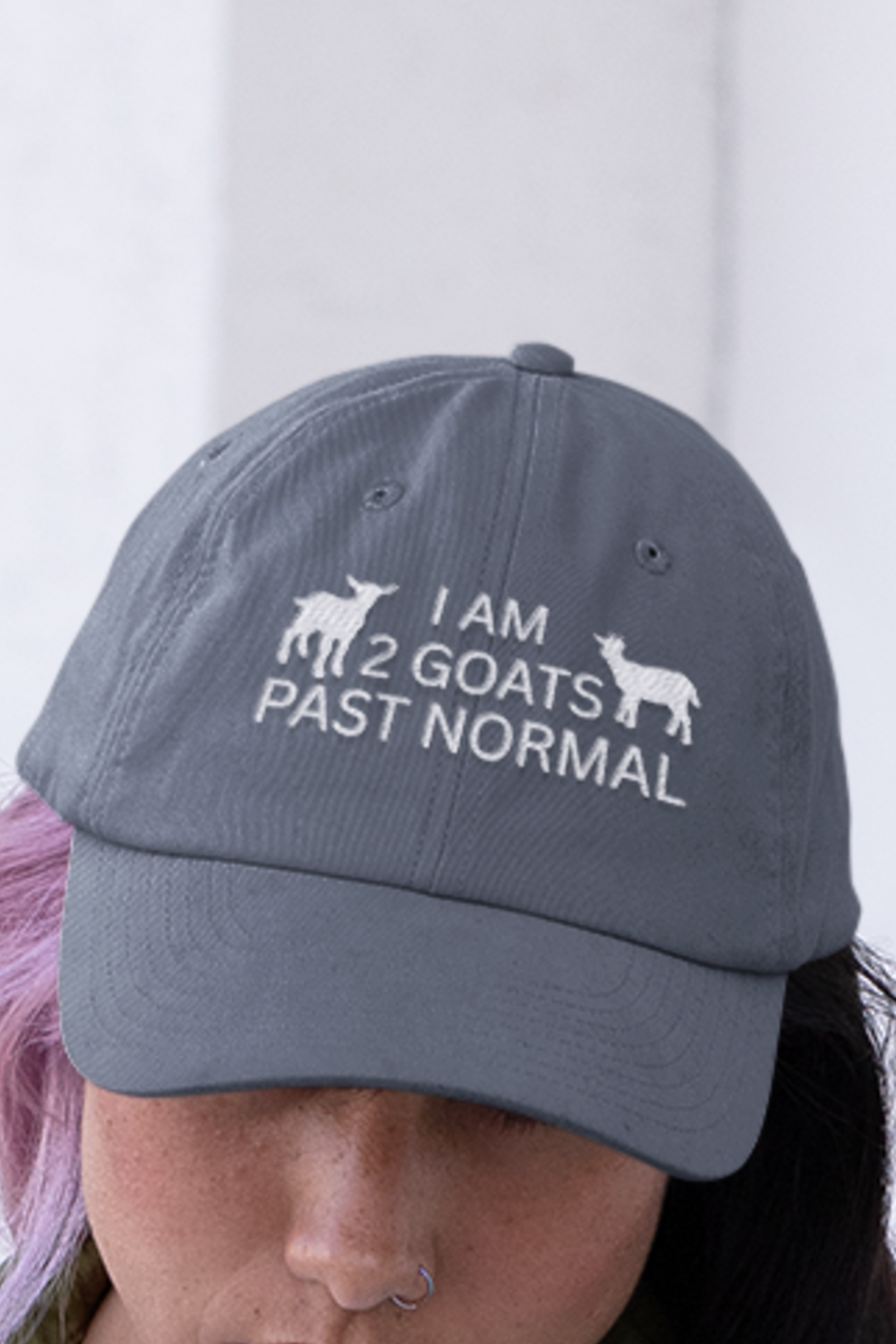 Women's Goat Hat, I Am 2 Goats Past Normal, cute goat embroidered sewn baseball cap, gift present clothing clothes for goat owner lover