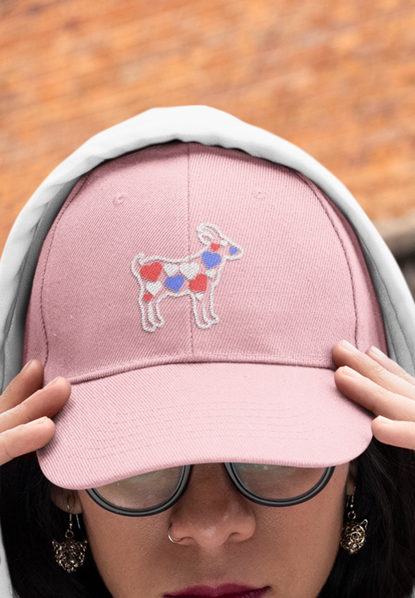 Women's goat hat with hearts, red white and blue cute goat embroidered sewn baseball cap, gift present clothing clothes for owner lover