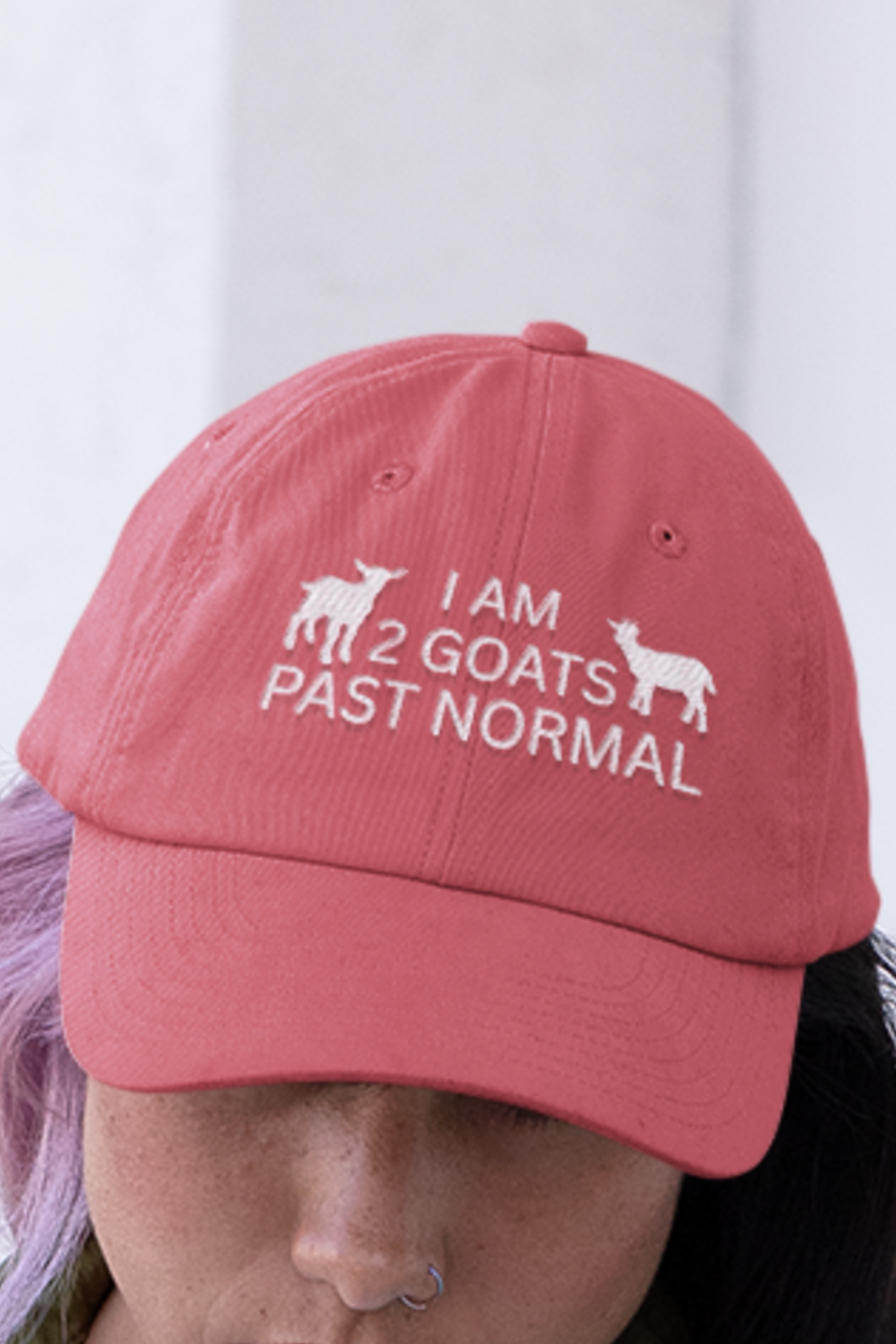 Women's Goat Hat, I Am 2 Goats Past Normal, cute goat embroidered sewn baseball cap, gift present clothing clothes for goat owner lover